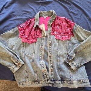 GeeGee Womens Plus Pink Sequin Embellished Denim Jacket 1XL